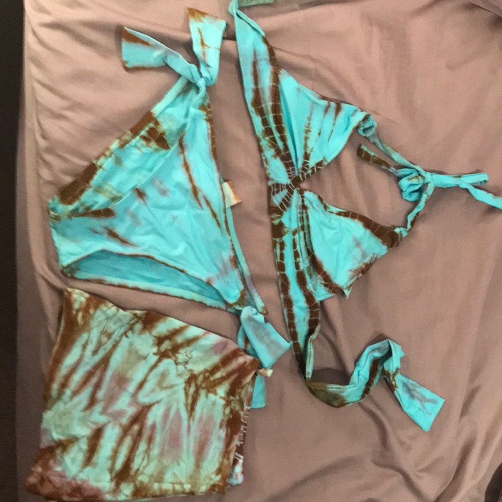 Lucky brand turquoise brown tie dye bikini 3 piece